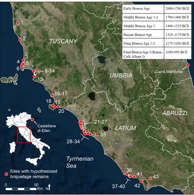 Fig 1. Sites along the Italian Tyrrhenian coast where briquetage salt-production has been hypothesised and a simplified chronological scheme for Central Italy Bronze Age