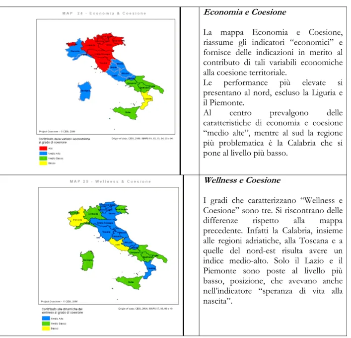 Tabella 4: Mappa degli indicatori sintetici delle tipologie di coesione a scala regionale  (Prezioso, 2006b) 