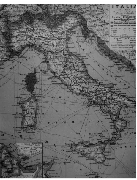 Figura 1. L’Italia secondo le delimitazioni in Compartimenti ipotizzati da Maestri, ispirandosi all’idea di Cesare Correnti (1863).