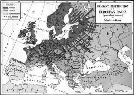 Figura 6. Mappa stilata da Madison Grant nel 1916 sulla distribuzione razziale in Europa.