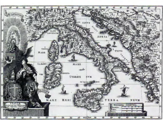 Fig. 2 Heinrich Scherer,  Atlas Marianus .. .  ,  Tavola relativa all'Italia. H . Scherer, 1702 (Bibliote- (Bibliote-ca Società Geografi(Bibliote-ca Italiana)