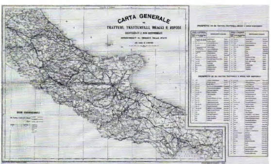 Fig.  3 Carta generale  dei  tratturi,  tratturelli, bracci e riposi,  reintegrati e  non reintegrati, ap- ap-partenenti al Demanio dello Stato