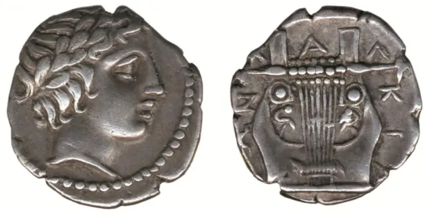 Figura 3a-b. Cat. 7: Moneta (tetrobolo) in argento, zecca di Olynthus (392-338 a.C.). D/ 