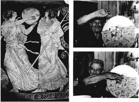 Figura 1. A sinistra, festa dionisiaca (particolare), stamnos del pittore del Dinos, 420/410  a.C., proveniente da Nocera dei Pagani, conservato presso il Museo Archeologico  Na-zionale di Napoli; a destra, tecnica esecutiva del suonatore di tamburello Ant