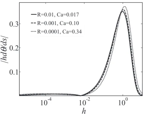 FIG. 10. Scaled curvature |hdθ/ds| vs h for Ca very close to Ca c ( λ s = 10 −5 ).