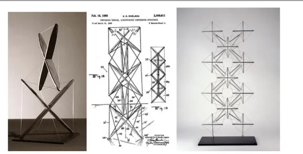 Figure 2: “X-Piece” in plywood, 1948 (left); Snelson Tensegrity patent, 1965 (center);  “X-planar Tower” 1962- 1962-1988 (right)