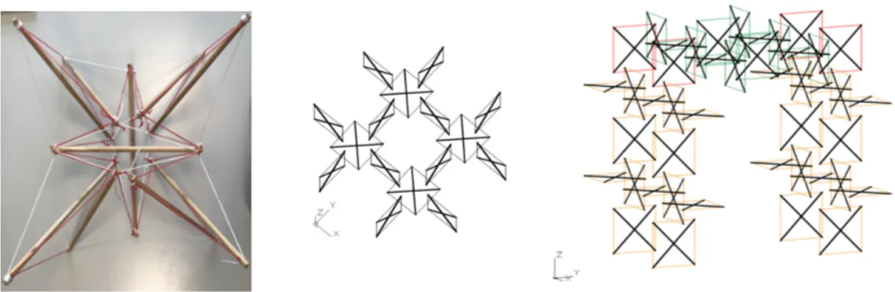 Figure 5: Pavilion geometry: ‘star’ structure (left); ‘plate’ structure (center); angle connection between ‘plates’ 