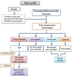 Figure 1 Pain management in Parkinson’s disease. The ﬁrst pain assessment is generally performed by the GP or by a neurologist, and it allows to distinguish persistent/recurrent chronic pain from acute pain (eg, painful exacerbation of chronic diseases, or