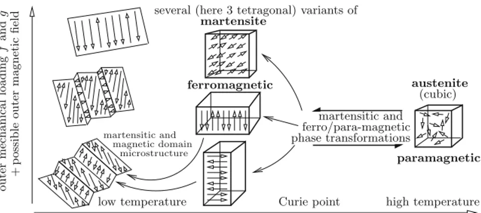 Fig. 1. Schematic illustration of very complex mechanical-magnetic-thermo response of a single-crystal of a magnetic shape-memory alloy like Ni 2 MnGa together with complicated self-accommodation of lower-symmetrical variants casting typically martensitic 
