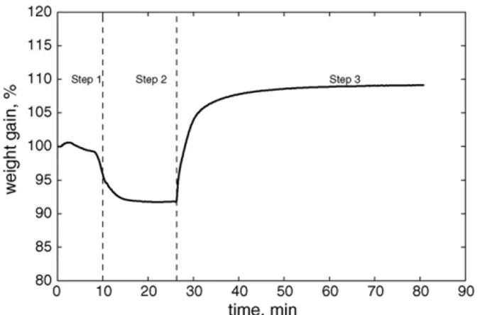 Fig. 1. Typical weight variation [%] vs. time observed during carbonation experi- experi-ments.