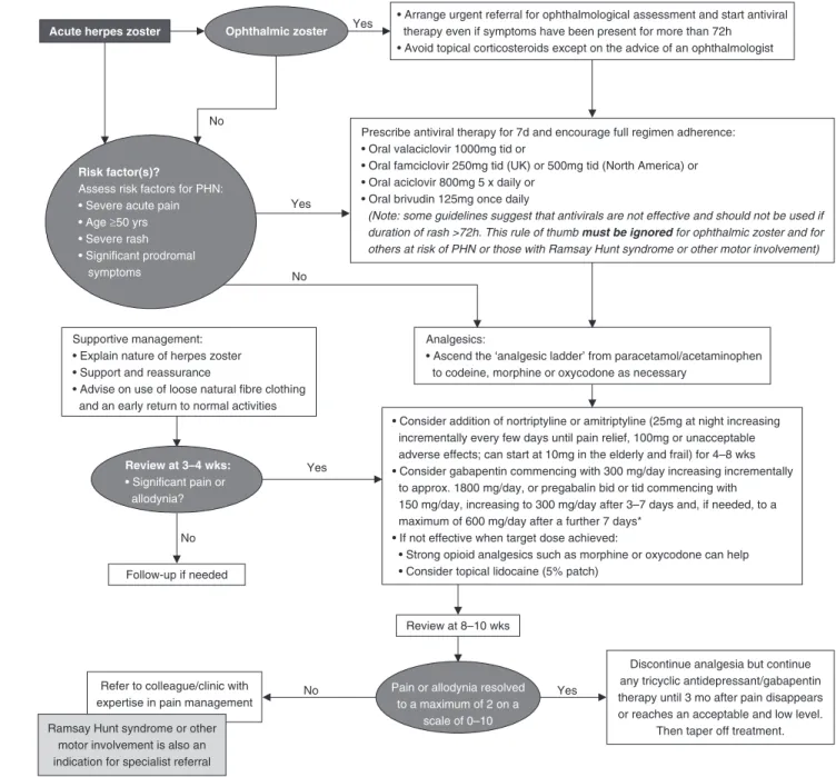 Fig. 2. Management algorithm for acute herpes zoster in immunocompetent patients based on the International Herpes Management Forum (IHMF) [54]  and German Dermatological Society guidelines [28]  (reproduced from IHMF Management Guidelines Series, [54]  wi