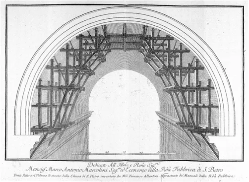 Fig. 6. Scaffold for restoration work at great barrel vault of St. Peter’s designed by Tommaso Albertini  [N
