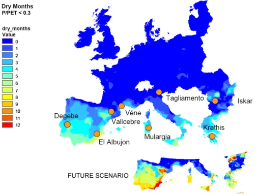 Figure 1.3. Generalised distribution of catchments included in TempQsim EU project  and a tentative prediction of future climatic scenario