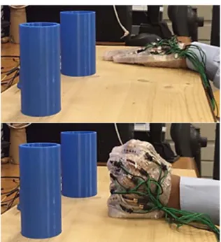 Figure 6: The measurement protocol consists of two  positions, one open-handed (top) and one gripping a  cylindrical mold (bottom)