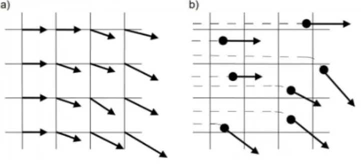 Figure 1.6: A graphic comparison between Eulerian (a) and La- La-grangian (b) approaches.