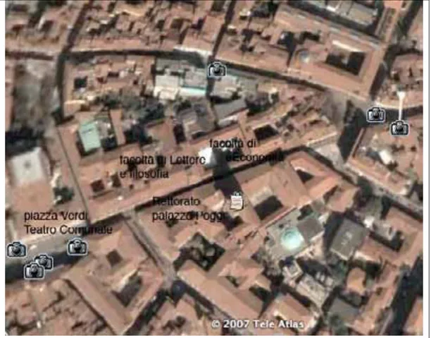 Foto aerea di via Zamboni rielaborata, tratta da Google Earth, sono  indicati gli edifici preesistenti al progetto e quelli di progetto