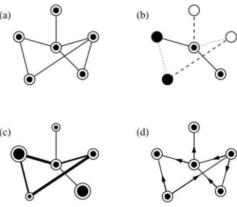 Figure 1.4: Examples of various types of networks [92]: (a) an undirected network with only a single type of vertex and a single type of edge; (b) a network with a number of discrete vertex and edge types; (c) a network with varying vertex and edge weights