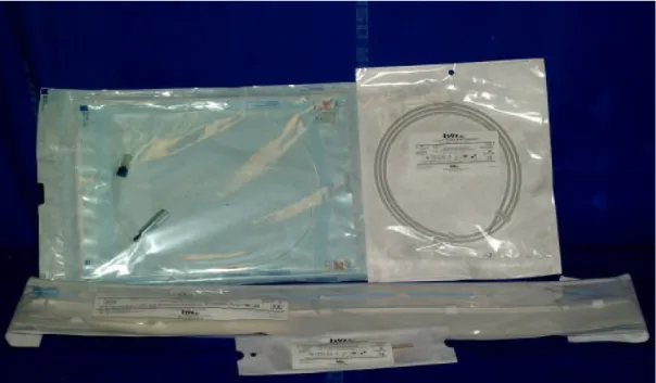 Figure 8. The material necessary for the procedure (19 G needle for percoutaneous introduction mode,  dilatator and catheter complex 5 F 55 cm,  0,035” “J”guide-wire,  600 µm  laser probe ) can be assembled  in dedicated kits