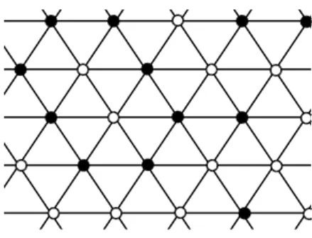 Figure 1: a ‘disordered’ minimizer in a portion of the triangular lattice (black and white dots represent −1 and +1 values, respectively)