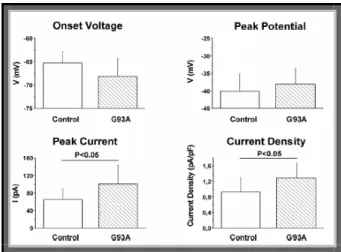 Fig. 32 Medie e deviazioni standard dei parametri analizzati della corrente del sodio I NaP  nel modello  G93A (Da Pieri et al., 2009) 