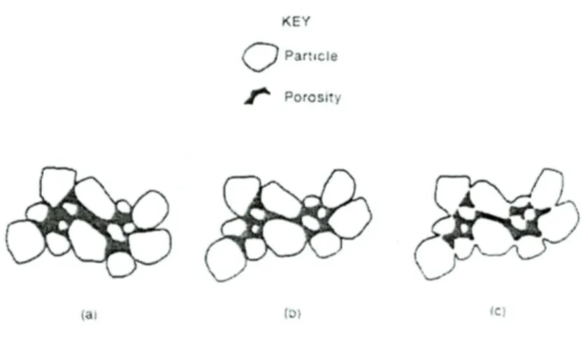 Figura 1.24  Trasformazioni che avvengono durante lo stadio iniziale della sinterizzazione: (a)  particelle iniziali, (b) riarrangiamento, (c) formazione dei colli 