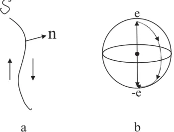 Figure 3.6: (a) A curved 180 ◦ -wall; (b) the magnetization goes from the e to