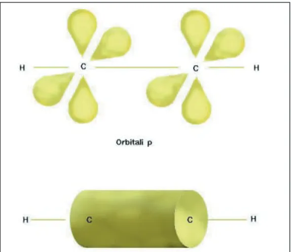 Fig. 24 Formazione degli orbitali molecolari nell’acetilene. Le due coppie degli orbitali p degli atomi di carbonio (in alto) si sovrappongono, dando due legami Π che nel loro insieme formano una nube cilindrica intorno all’asse C-C (in basso)