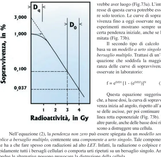 Fig. 72 Sopravvivenza delle cellule eucariotiche in funzione della dose radioattiva. L’ordinata indica in scala logaritmica la frazione di cellule residue, dopo irradiazione.