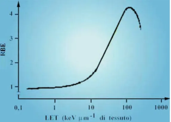 Fig. 64 Dipendenza dell’Efficacia Biologica Relativa dal Trasferimento Lineare di Energia.