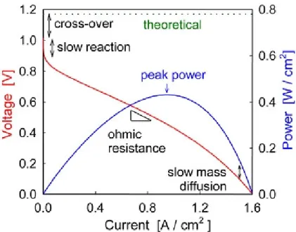 Figure 1.12 Schematic fuel cell polarization (voltage vs. current density)   and power density curves  [18]