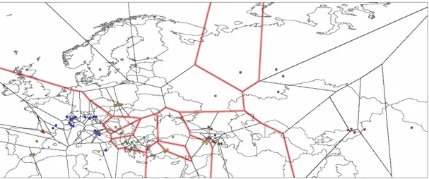 Figura  9.  Gruppi  di  popolazioni  individuati  dalla  SAMOVA ,  in  rosso  i  gap  rilevati  tra  un  gruppo e l’altro, identificati come possibili barriere al flusso genico.