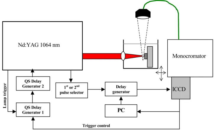Figure 4.2: LIBS set-up for underwater characterization of solid materials. 