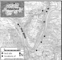 Figure 1. Location of the test site. (a) detailed map and map of  Switzerland (after Sieber, 2000) 