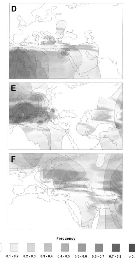 Fig. 1. Maps showing the 55 sampled locations (panel A) and frequencies of network 1n1 (panel B), network 1n2 (panel C), network 2n1 (panel D), network 3n1G (panel E) and network 3n1A (panel F).