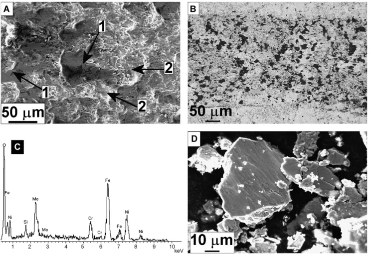 Fig. 10. Tribological tests: as-sprayed Ni700 tested against steel pin. (A) Coating wear track showing smooth areas with limited or no adhesive wear (1) and brittle material detachment (2); (B) backscattered electron SEM micrograph showing oxide clusters (