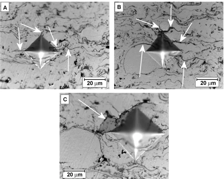 Fig. 6. Vickers microindentations employed for indentation fracture toughness measurement