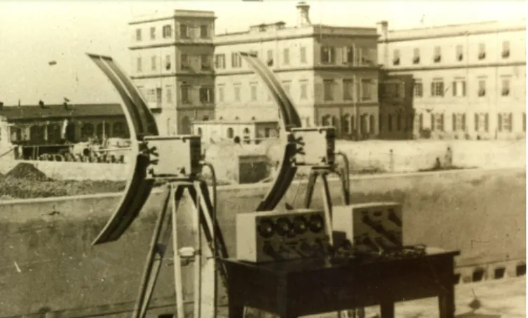 Fig. 4.  The FMCW “Radiotelemetro” EC-1 under test on a terrace of the  RIEC, 1936. 