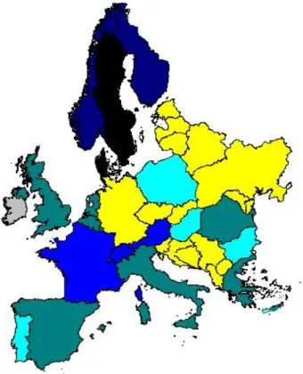 Fig. 6. Projection of ﬁrst factor over 1990. Yellows indicated countries were information were not available