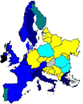 Fig. 7. Projection of second factor over 1998. Yellows indicated countries were information were not available