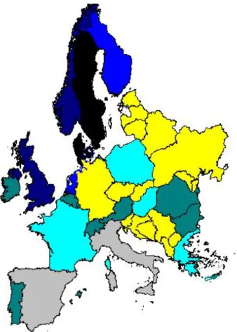 Fig. 8. Projection of third factor over 1998. Yellows indicated countries were information were not available