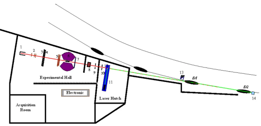 Figure 2.2: It is the GRAAL experimental area. We can distinguish: 1)The Spaghetti monitor;