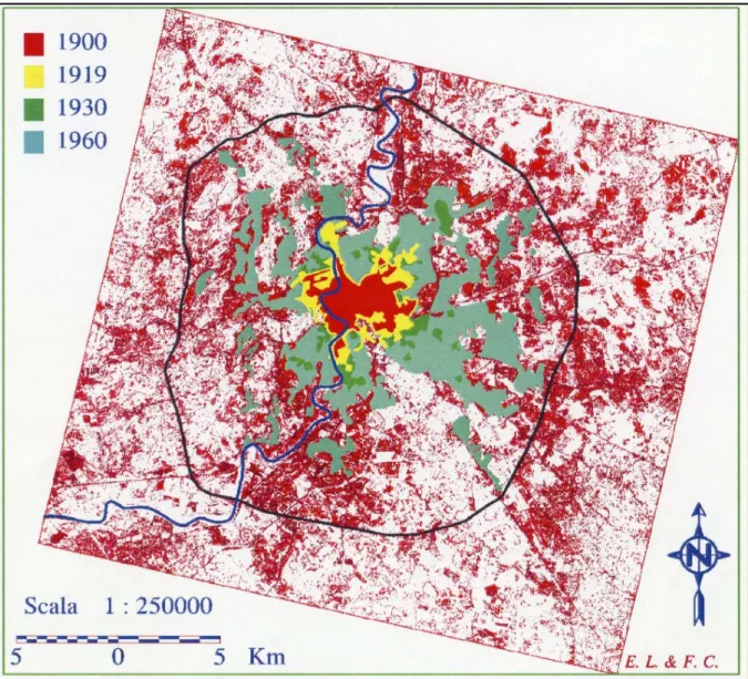 FIG. 2   The urban sprawl (from Landsat TM 1997 classification) spill out the ring of the GRA and  the urban welding with neighbouring municipalities (from E