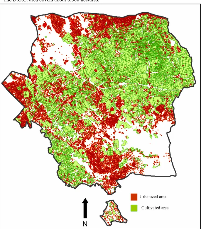 FIG.  4.   Location of crops (green) and urban areas (red) within the DOC boundaries. In  these boundaries 5 municipalities are included (2005)