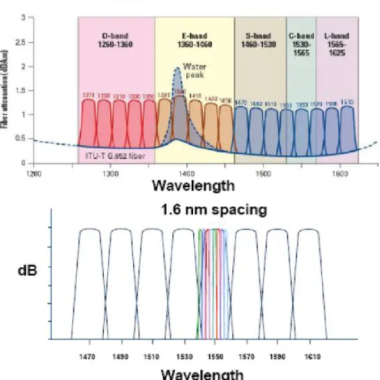 Figure 1.8 – Comparison between DWDM and CWDM in term of number of channels. 