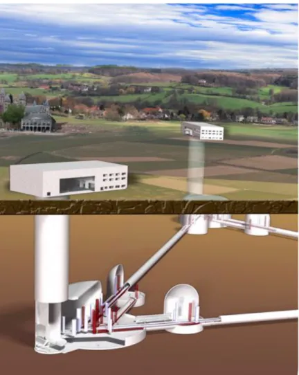 Figure 12: Artistic view of the arrangement of buildings, access shafts and underground caverns.