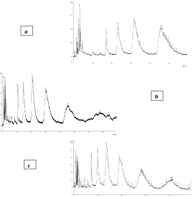 Fig. 6: cromatog rafia HILIC di una soluzione standard di acido tannico 4160 ppm (a) e 2080 ppm (b), eluizione in  isocratica ACN-H 2 O (92:8) a flusso 1.0 ml/min(a),  1.5 ml/min (b) e 2.0 ml/min .(c)
