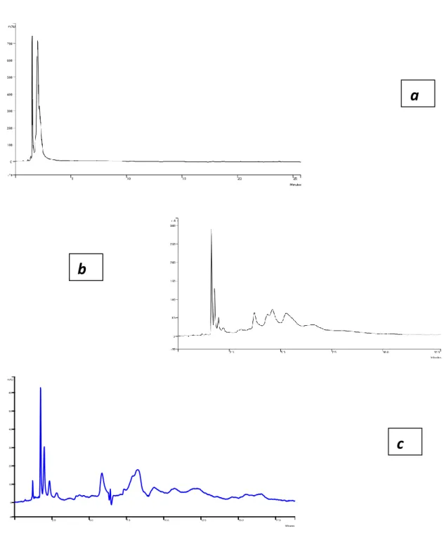 Fig. 10: cro matografia HILIC di una soluzione di tannino commerciale “Galla Tu rca ” (498 ppm), eluizione in  isocratica a flusso 1.5 ml/min con miscela ACN-H 2 O 84:16 (a), con miscela ACN-H 2 O 90:10 (b)  e con  miscela ACN-H2O 92:08 (c)