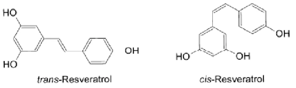 Fig. 3 Struttura chimica degli isomeri cis e trans-resveratrolo (3,4’,-5-triidrossistilbene)