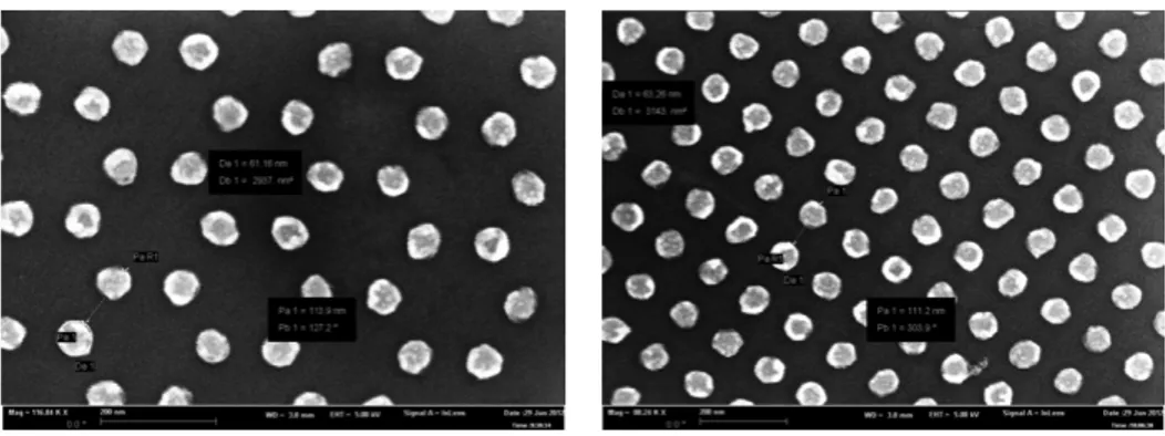 Figura 2.15: Da sinistra a destra: immagini delle litografie effettuate per la geometria esagonale e quadrata, viste al SEM dopo l’evaporazione di nichel.