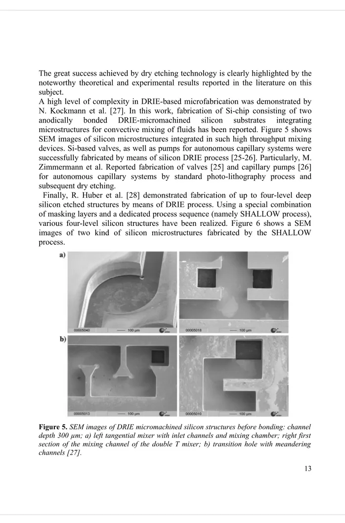 Figure 5. SEM images of DRIE micromachined silicon structures before bonding: channel   depth 300 µm; a) left tangential mixer with inlet channels and mixing chamber; right first   section of the mixing channel of the double T mixer; b) transition hole wit